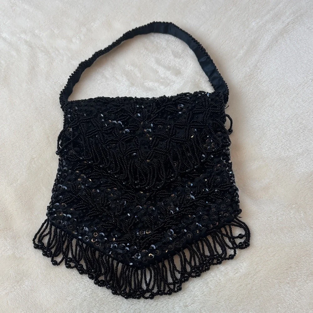 Vintage Handmade Black Beaded Fringe Evening Bag - For Ganson of California
